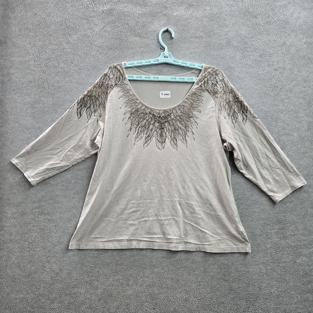 Chico's Women Shirt 3 Gray Graphic Print Beaded Sequin Scoop Neck Grunge